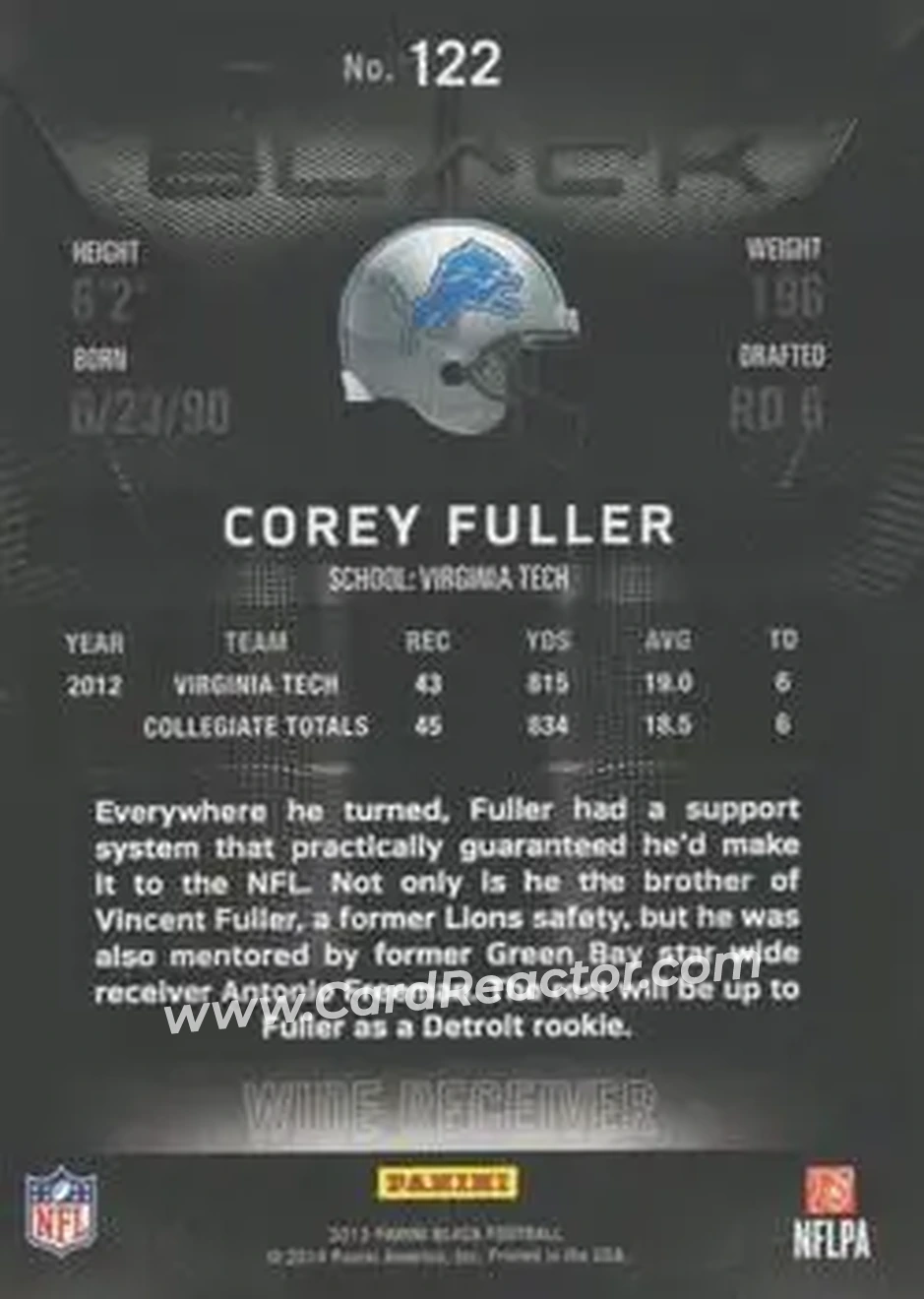 2013 Panini Black #122 - Corey Fuller - Detroit Lions - Back
