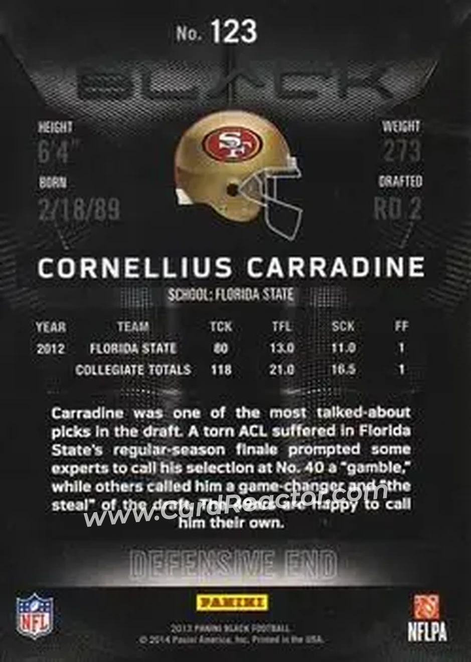 2013 Panini Black #123 - Cornellius Carradine - San Francisco 49ers - Back 2013 Panini Black #123 - Cornellius Carradine - San Francisco 49ers - Back