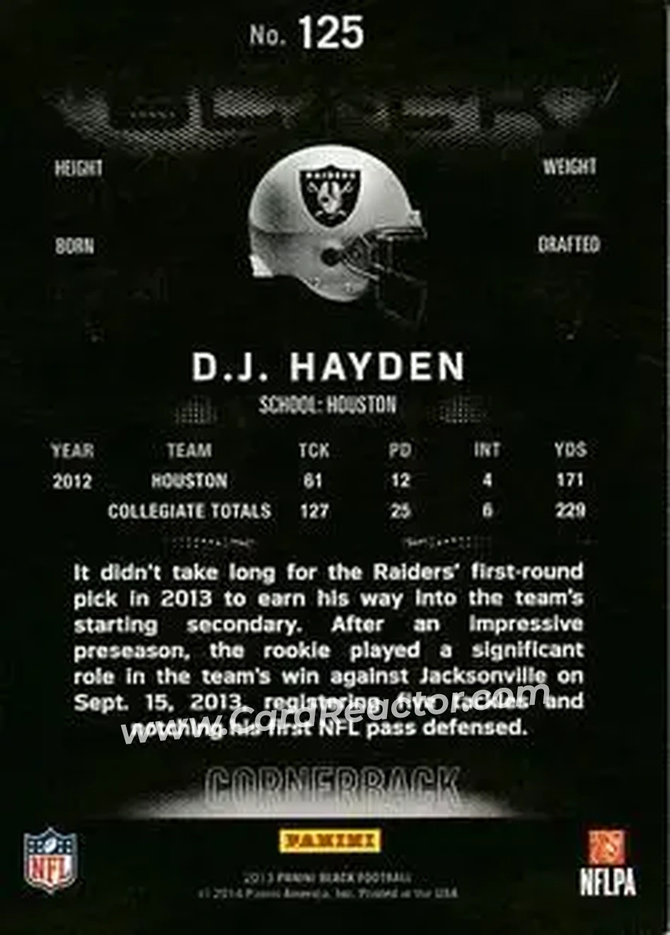 2013 Panini Black #125 - D.J. Hayden - Oakland Raiders - Back 2013 Panini Black #125 - D.J. Hayden - Oakland Raiders - Back