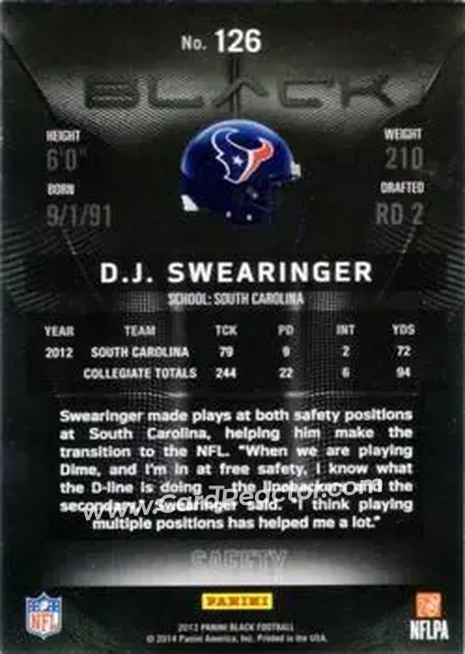2013 Panini Black #126 - DJ Swearinger - Houston Texans - Back