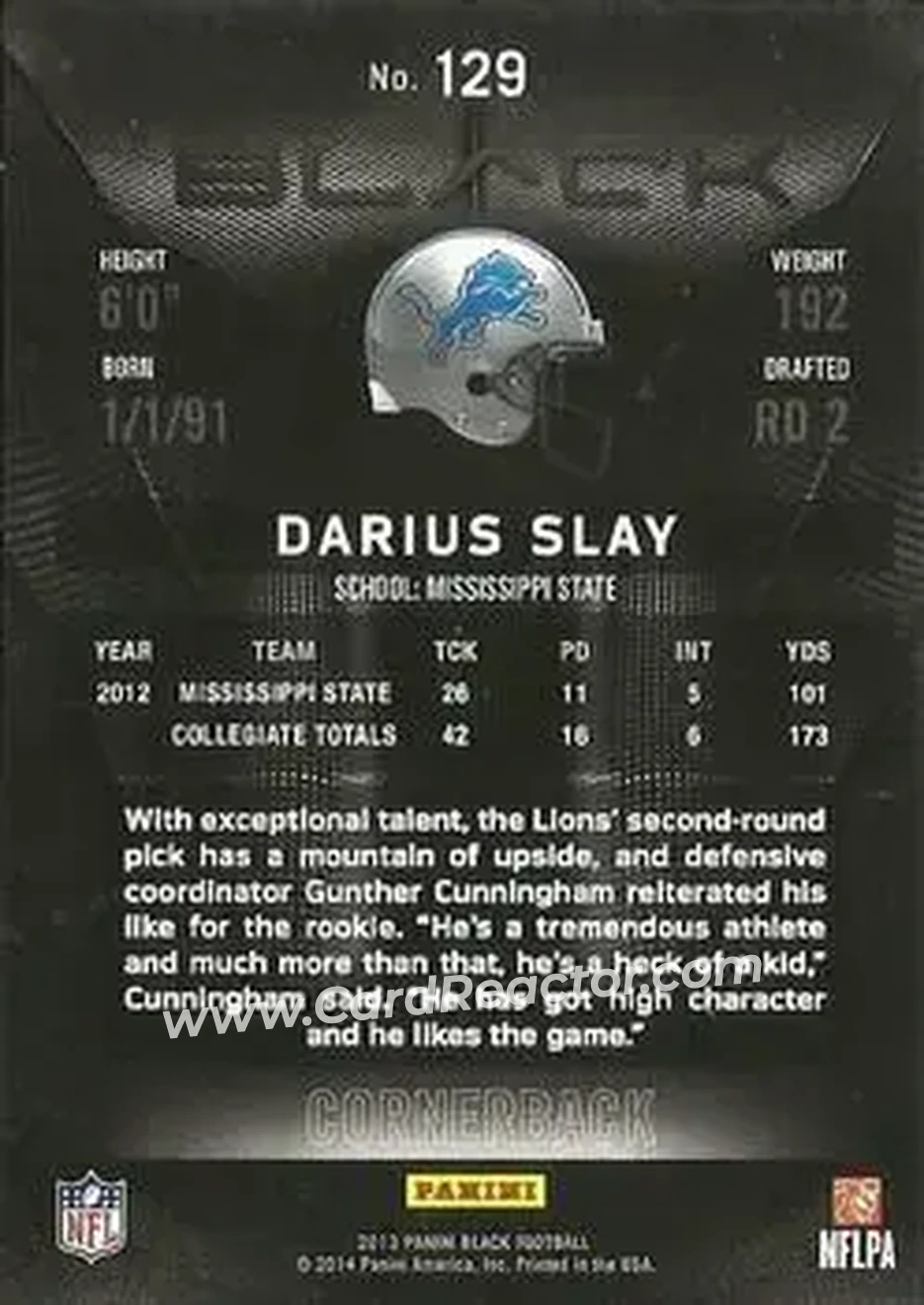 2013 Panini Black #129 - Darius Slay - Detroit Lions - Back 2013 Panini Black #129 - Darius Slay - Detroit Lions - Back