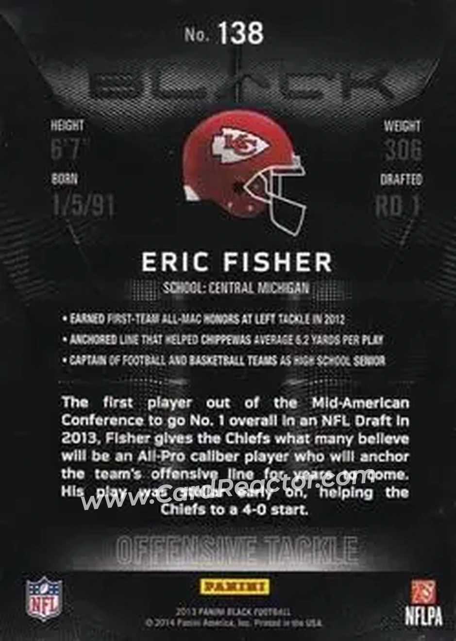 2013 Panini Black #138 - Eric Fisher - Kansas City Chiefs - Back 2013 Panini Black #138 - Eric Fisher - Kansas City Chiefs - Back