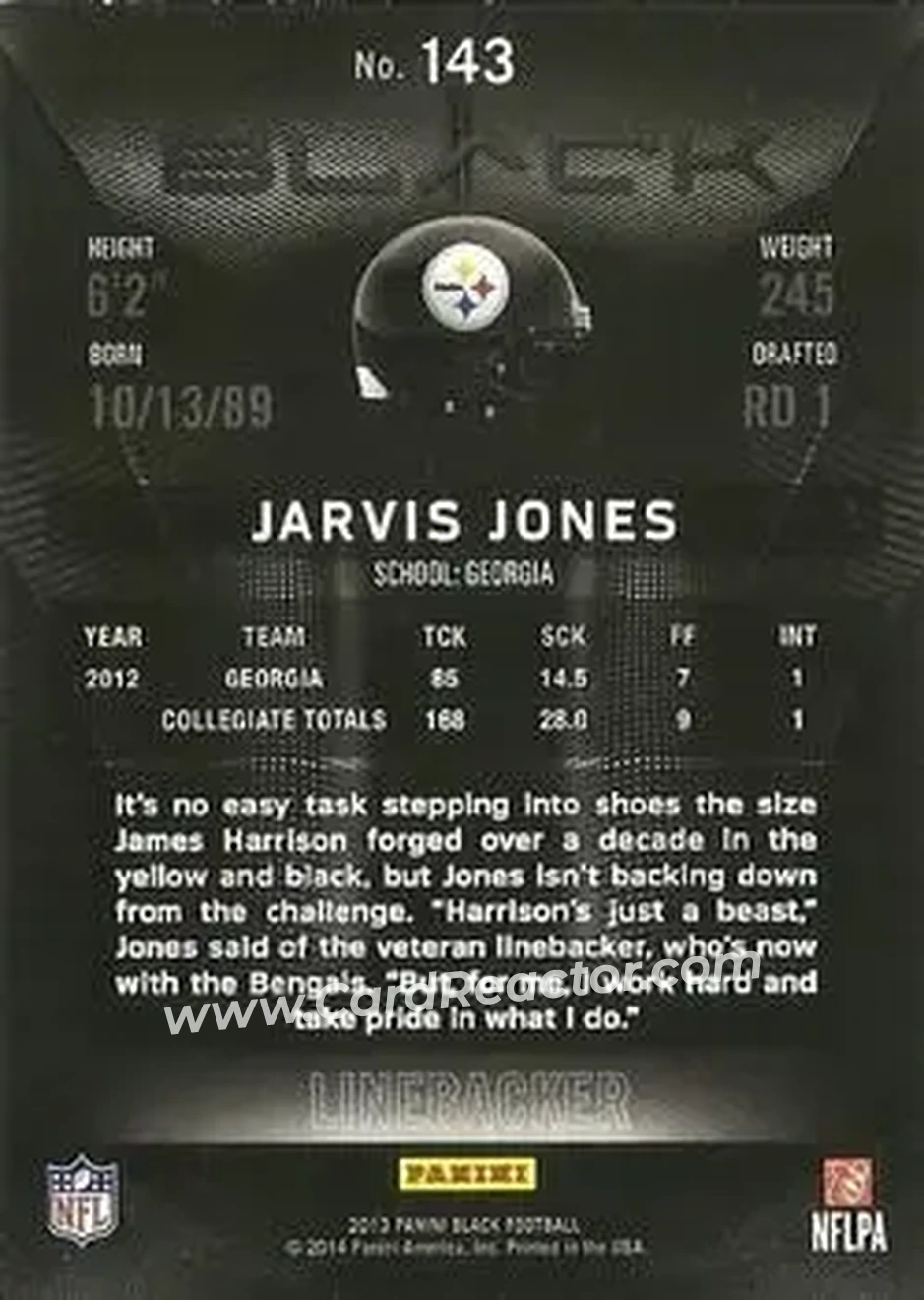 2013 Panini Black #143 - Jarvis Jones - Pittsburgh Steelers - Back