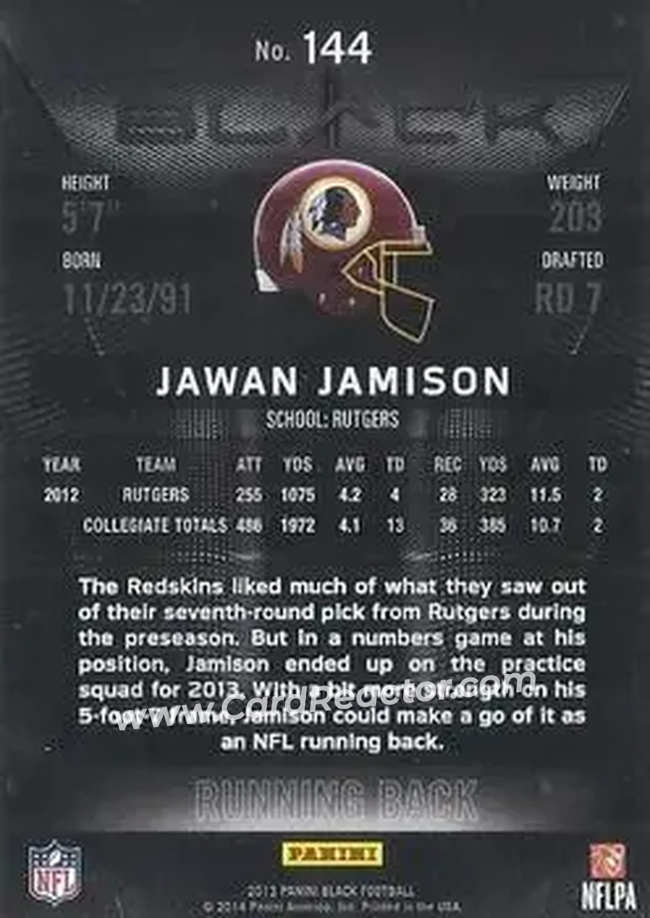 2013 Panini Black #144 - Jawan Jamison - Washington Redskins - Back