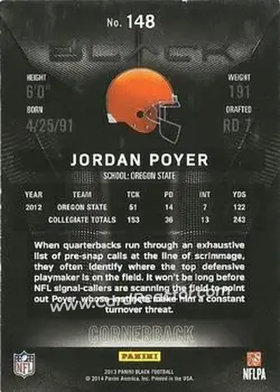 2013 Panini Black #148 - Jordan Poyer - Cleveland Browns - Back 2013 Panini Black #148 - Jordan Poyer - Cleveland Browns - Back
