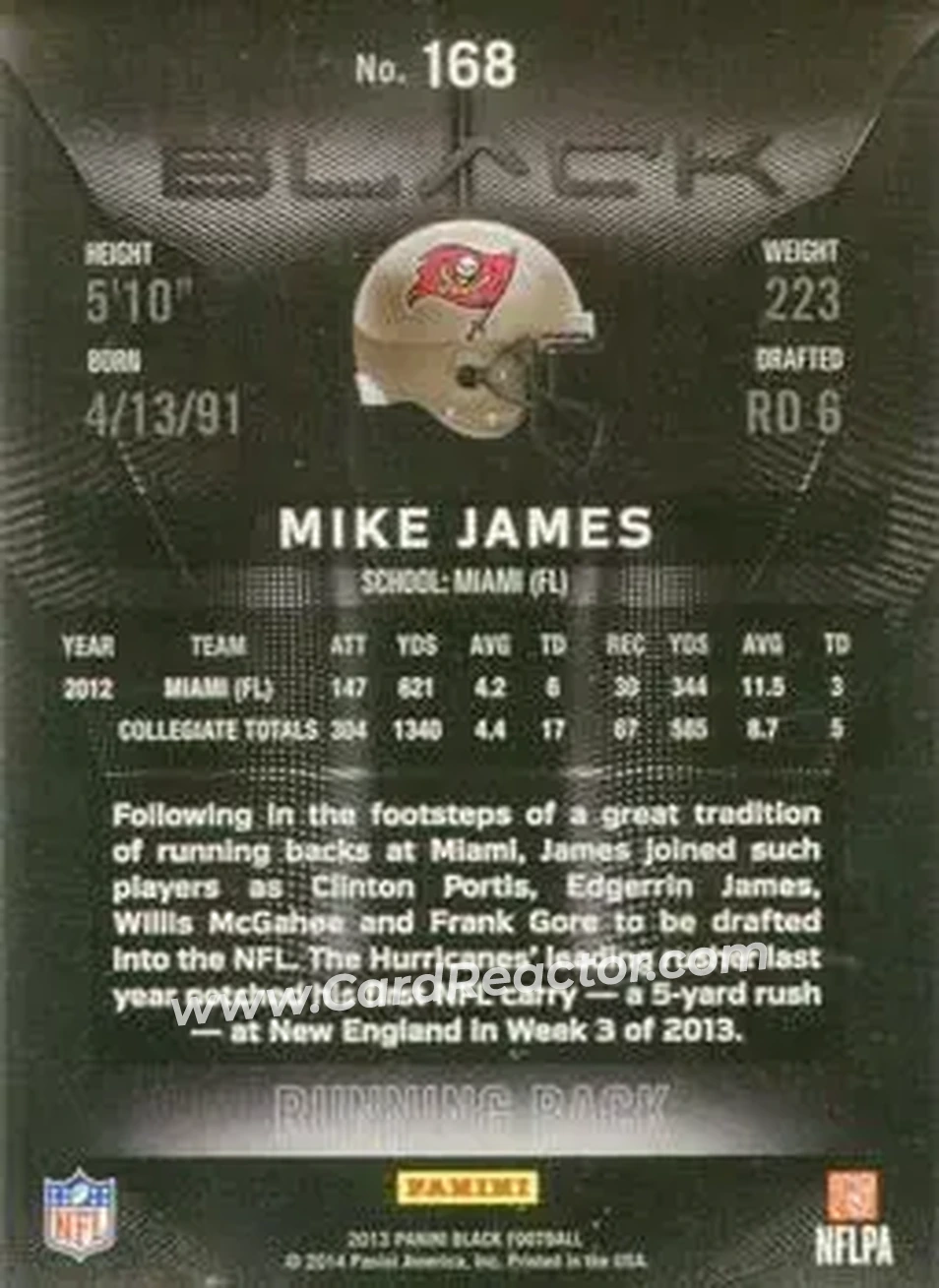 2013 Panini Black #168 - Mike James - Tampa Bay Buccaneers - Back