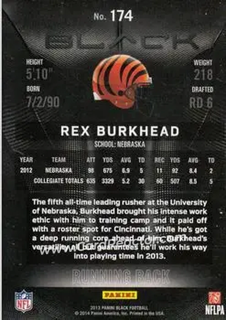 2013 Panini Black #174 - Rex Burkhead - Cincinnati Bengals - Back