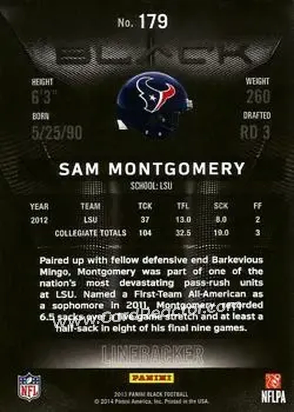 2013 Panini Black #179 - Sam Montgomery - Houston Texans - Back