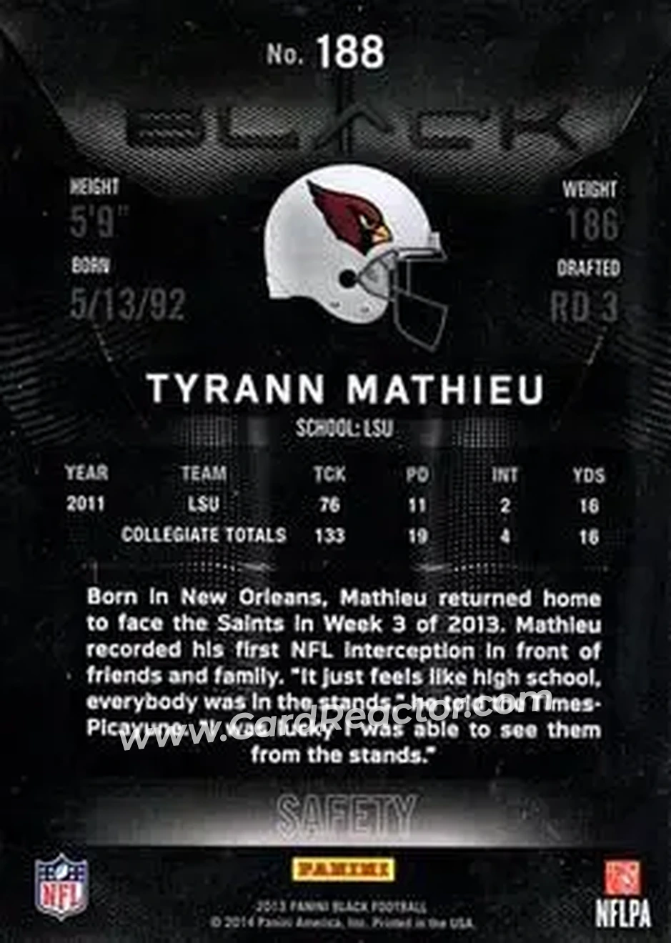 2013 Panini Black #188 - Tyrann Mathieu - Arizona Cardinals - Back 2013 Panini Black #188 - Tyrann Mathieu - Arizona Cardinals - Back