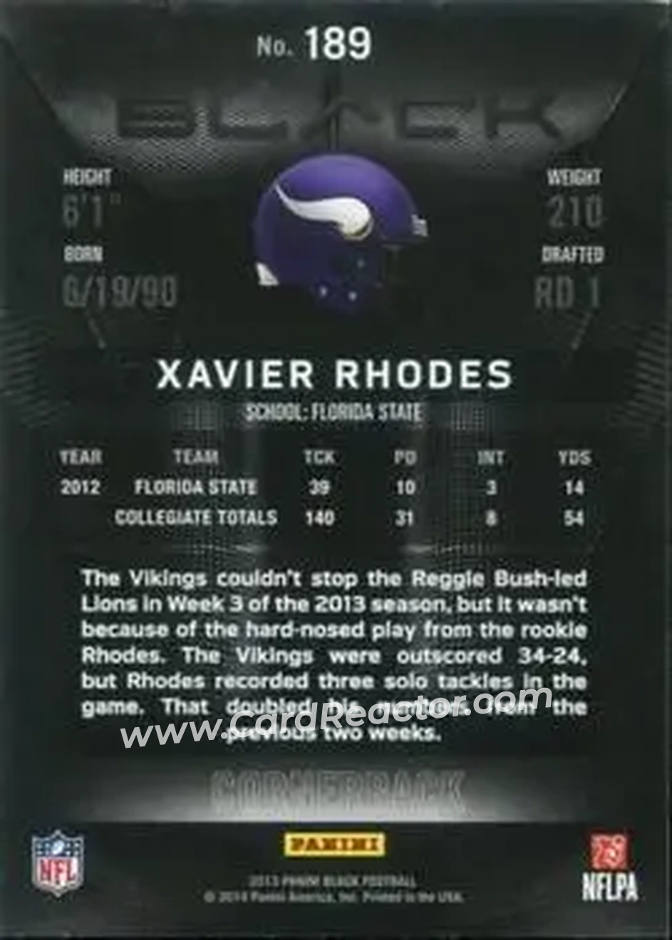 2013 Panini Black #189 - Xavier Rhodes - Minnesota Vikings - Back