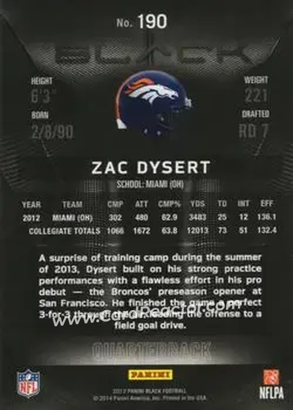 2013 Panini Black #190 - Zac Dysert - Denver Broncos - Back 2013 Panini Black #190 - Zac Dysert - Denver Broncos - Back