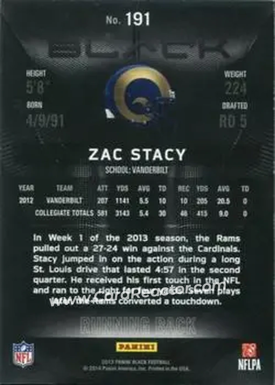 2013 Panini Black #191 - Zac Stacy - St. Louis Rams - Back 2013 Panini Black #191 - Zac Stacy - St. Louis Rams - Back