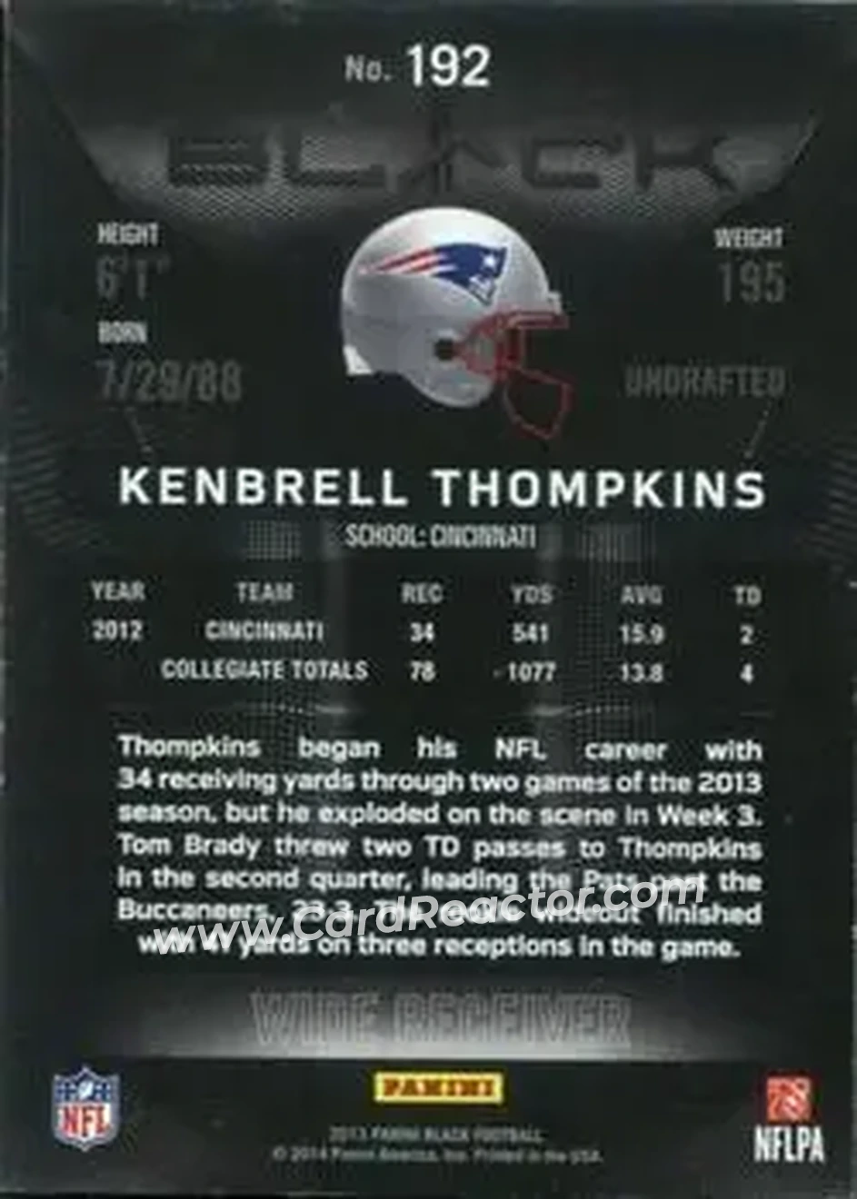 2013 Panini Black #192 - Kenbrell Thompkins - New England Patriots - Back