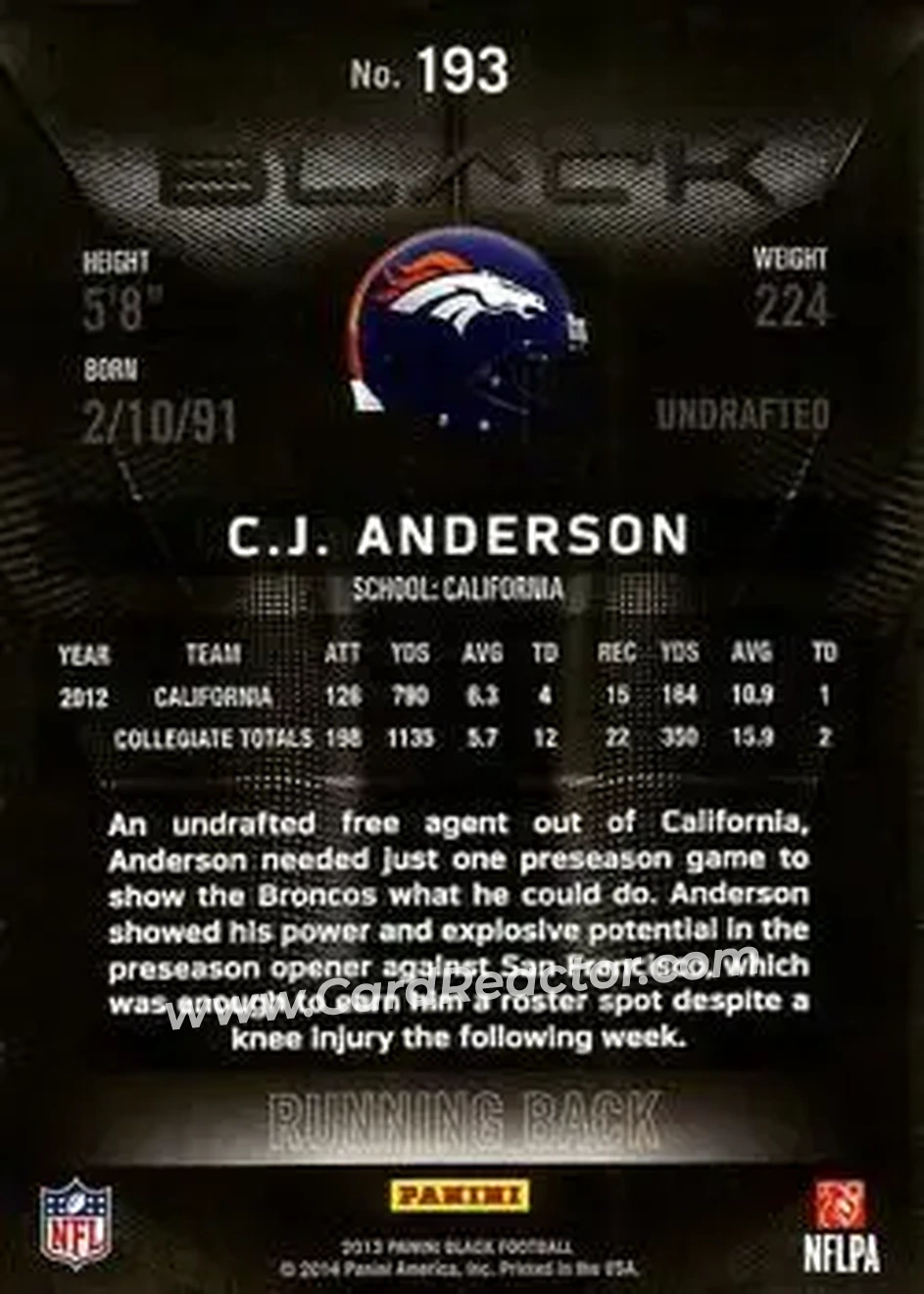 2013 Panini Black #193 - C.J. Anderson - Denver Broncos - Back