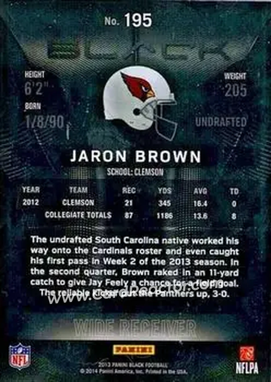 2013 Panini Black #195 - Jaron Brown - Arizona Cardinals - Back 2013 Panini Black #195 - Jaron Brown - Arizona Cardinals - Back