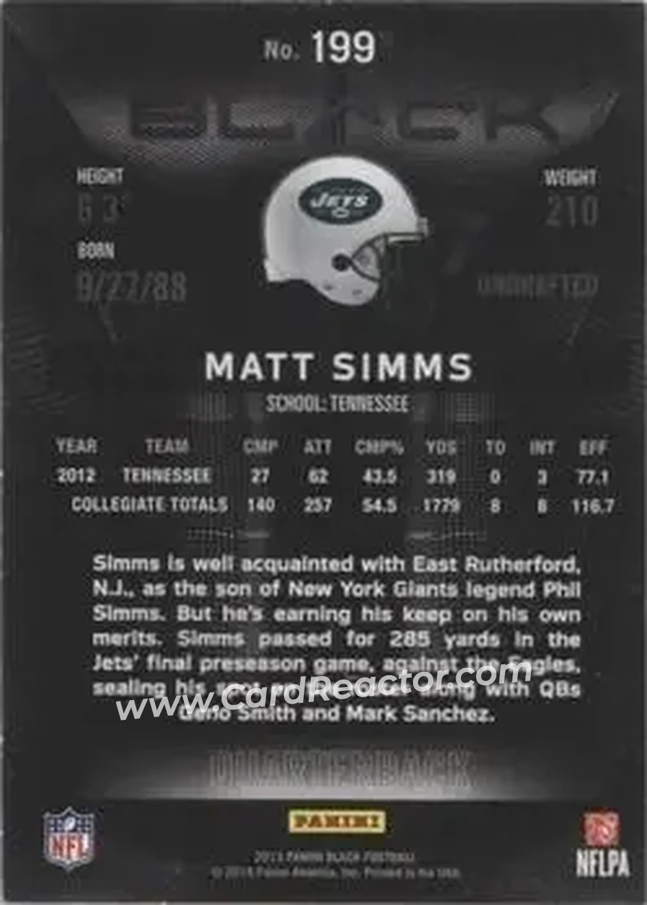 2013 Panini Black #199 - Matt Simms - New York Jets - Back