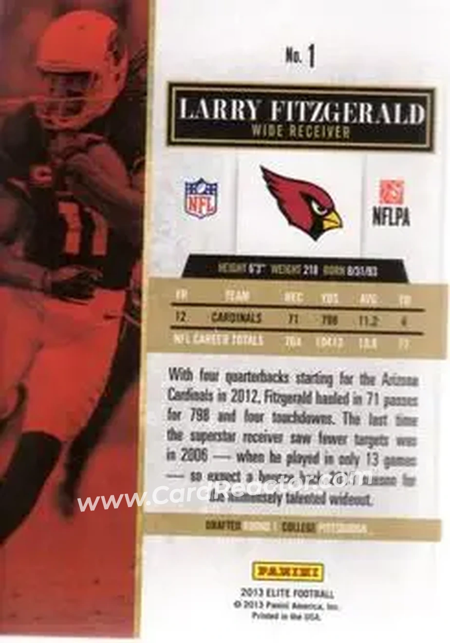 2013 Panini Elite #1 - Larry Fitzgerald - Arizona Cardinals - Back