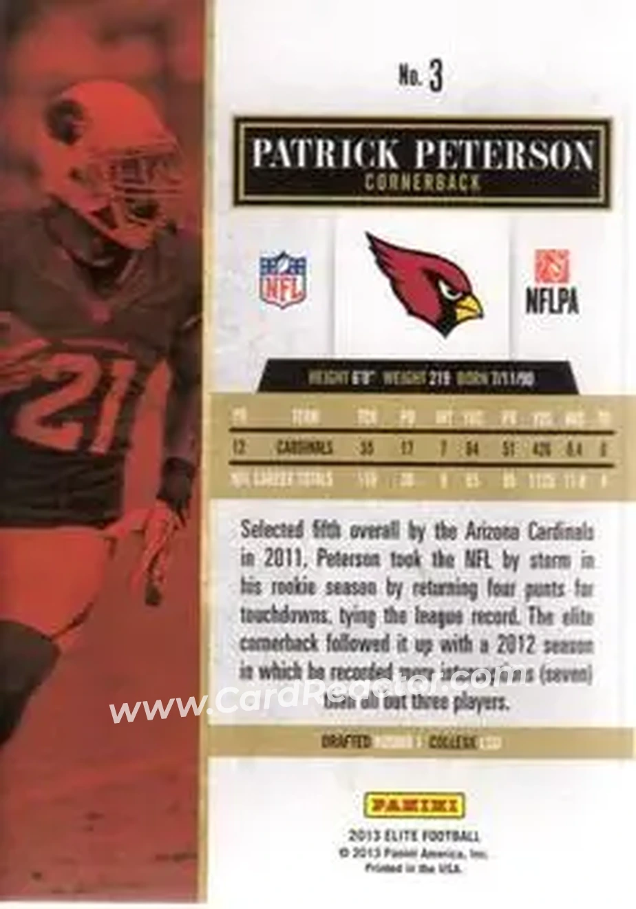 2013 Panini Elite #3 - Patrick Peterson - Arizona Cardinals - Back