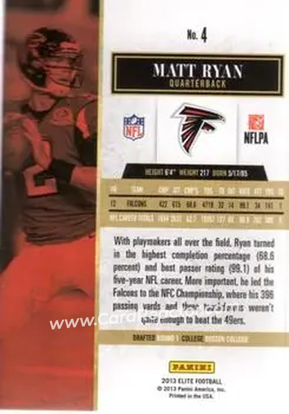 2013 Panini Elite #4 - Matt Ryan - Atlanta Falcons - Back