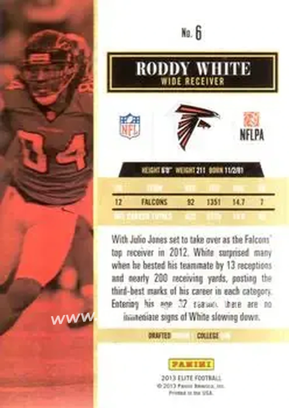 2013 Panini Elite #6 - Roddy White - Atlanta Falcons - Back