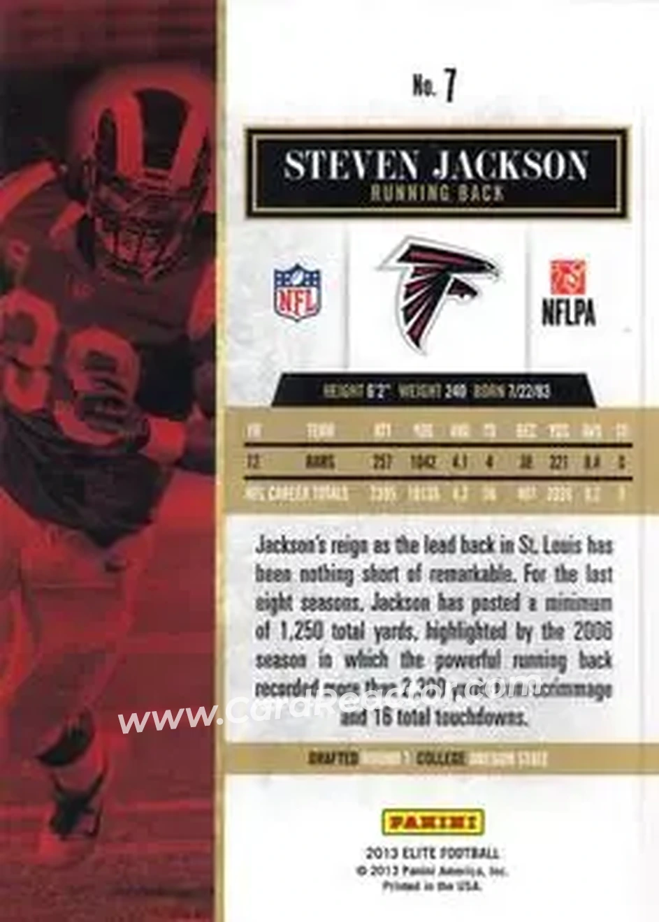 2013 Panini Elite #7 - Steven Jackson - Atlanta Falcons - Back