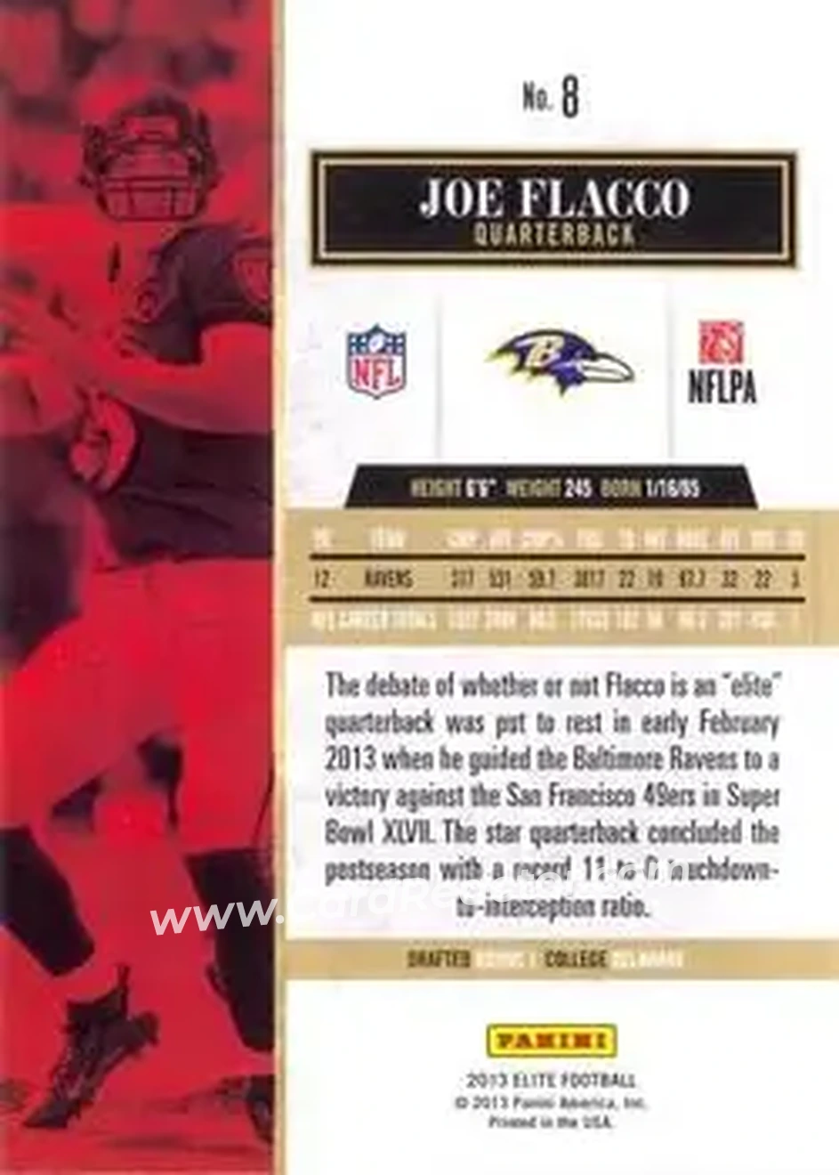 2013 Panini Elite #8 - Joe Flacco - Baltimore Ravens - Back