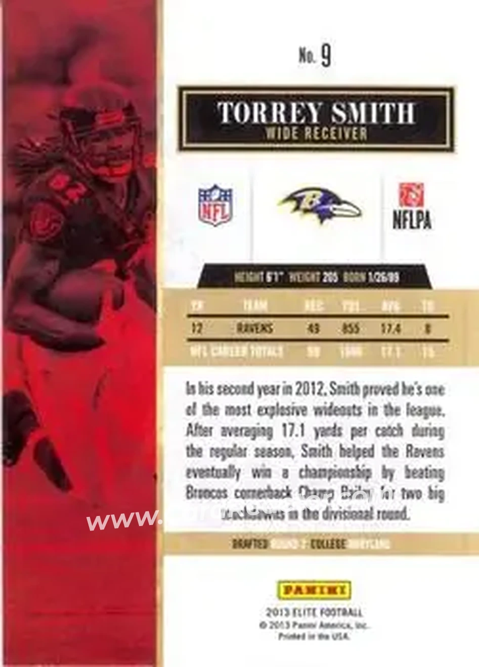 2013 Panini Elite #9 - Torrey Smith - Baltimore Ravens - Back