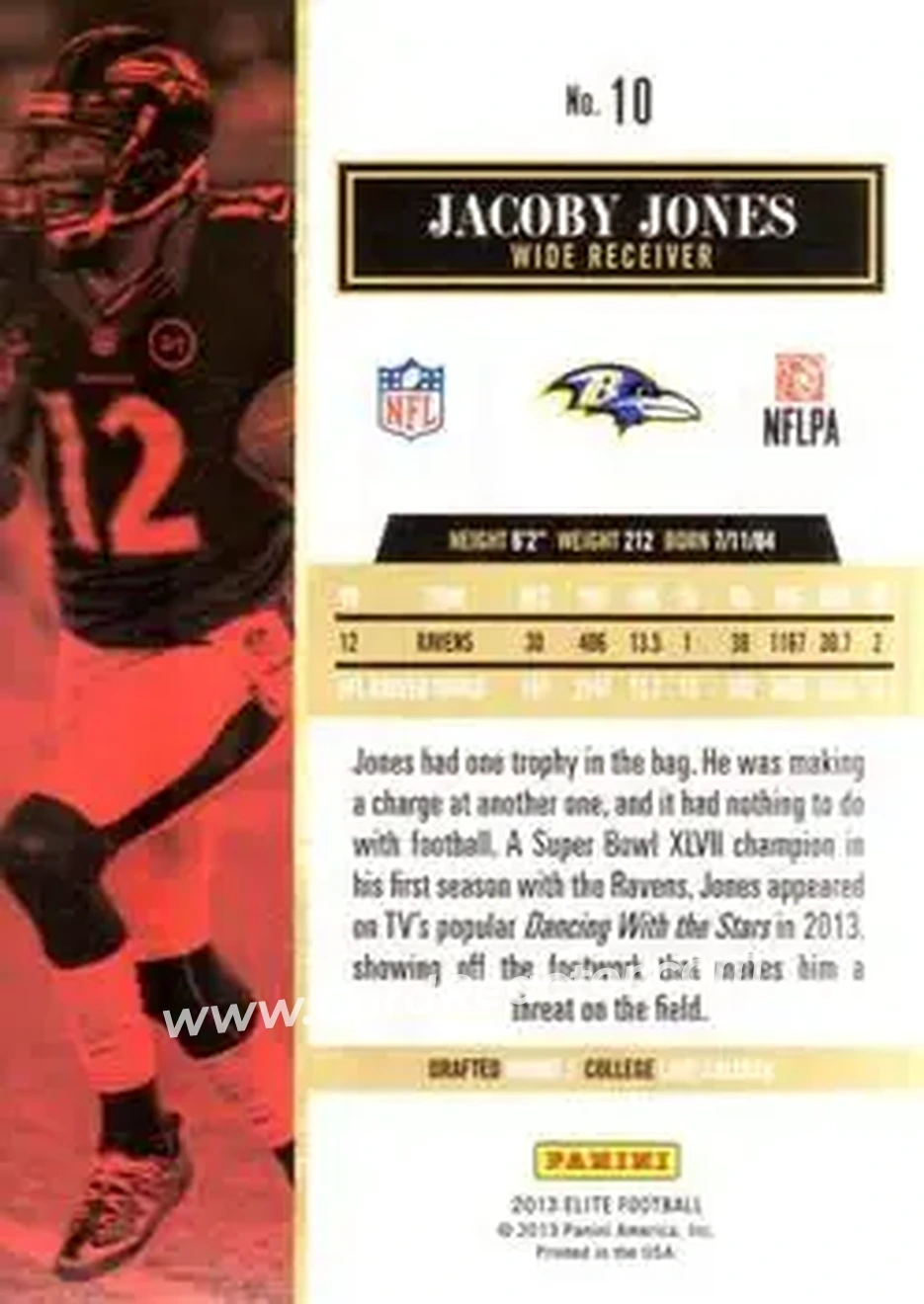 2013 Panini Elite #10 - Jacoby Jones - Baltimore Ravens - Back