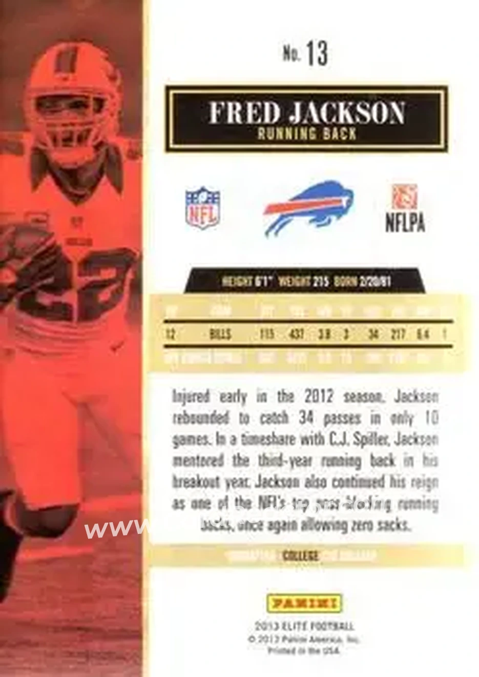 2013 Panini Elite #13 - Fred Jackson - Buffalo Bills - Back