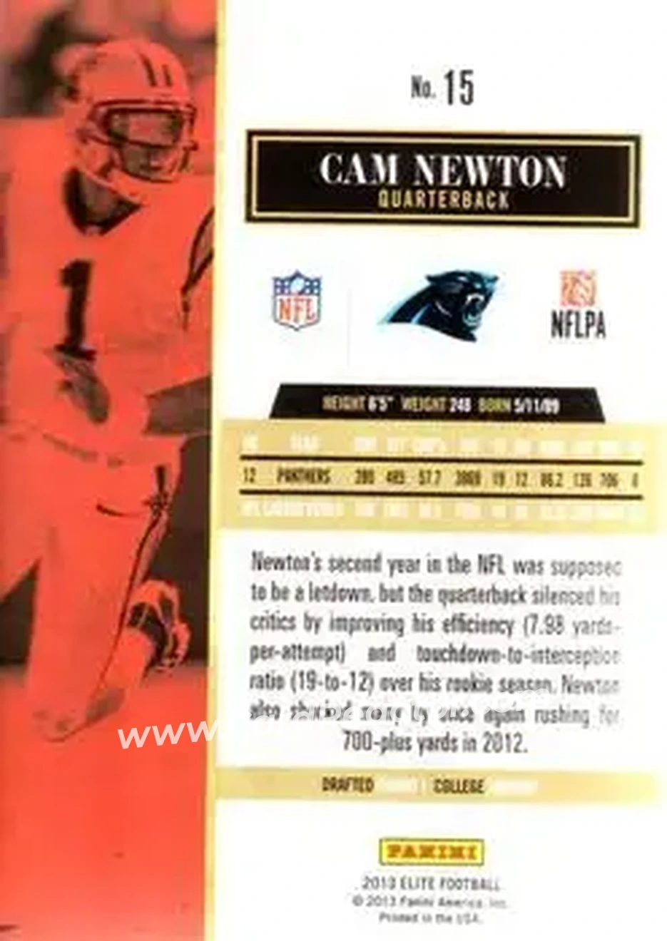 2013 Panini Elite #15 - Cam Newton - Carolina Panthers - Back 2013 Panini Elite #15 - Cam Newton - Carolina Panthers - Back