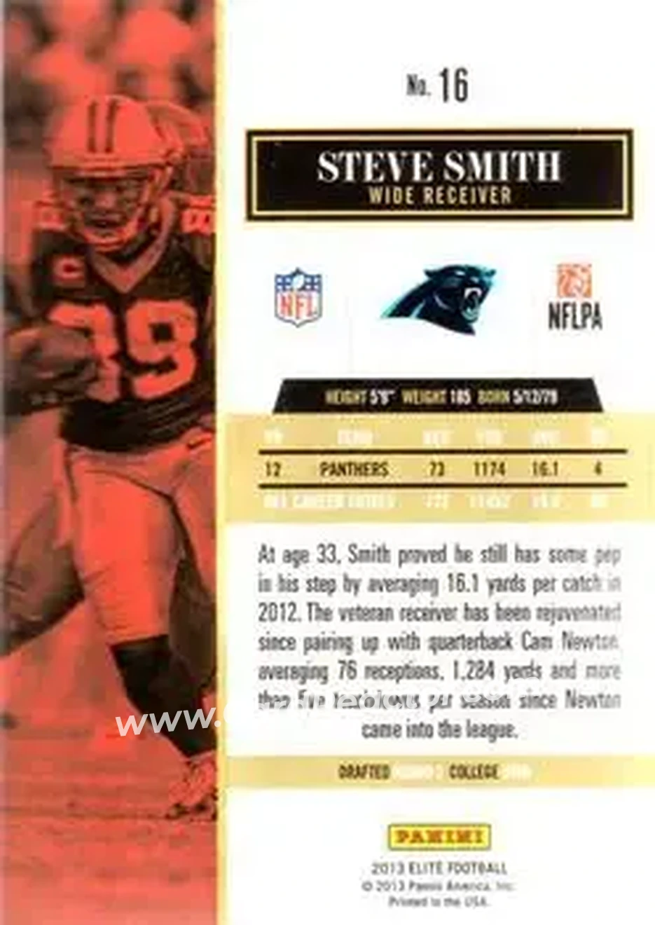 2013 Panini Elite #16 - Steve Smith Sr. - Carolina Panthers - Back