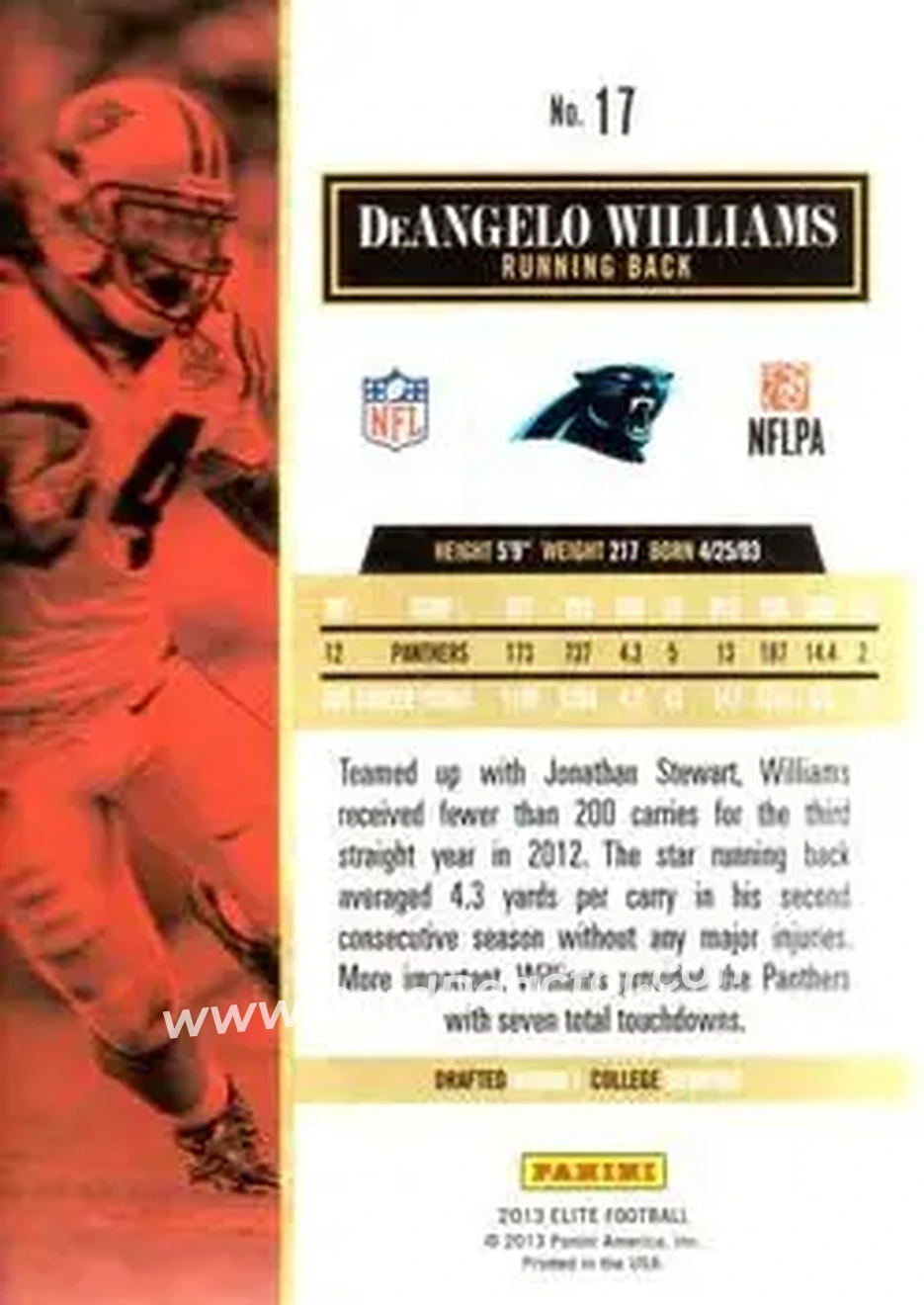 2013 Panini Elite #17 - DeAngelo Williams - Carolina Panthers - Back