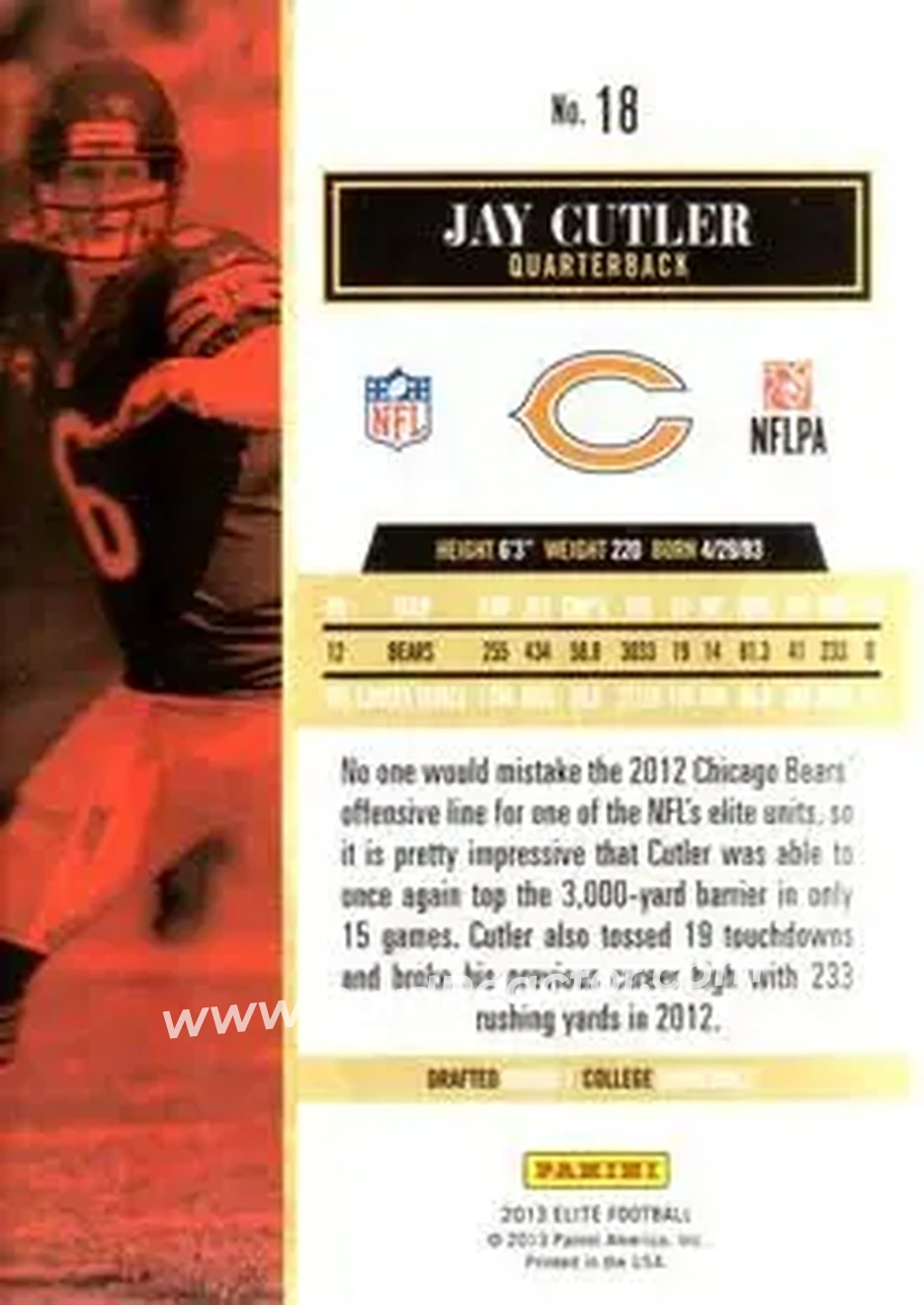 2013 Panini Elite #18 - Jay Cutler - Chicago Bears - Back