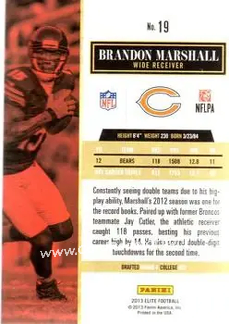 2013 Panini Elite #19 - Brandon Marshall - Chicago Bears - Back