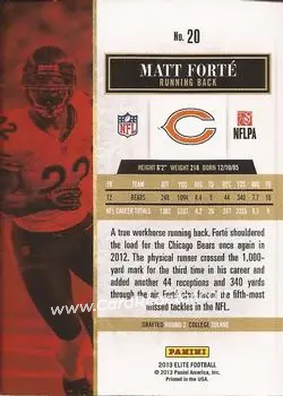 2013 Panini Elite #20 - Matt Forte - Chicago Bears - Back