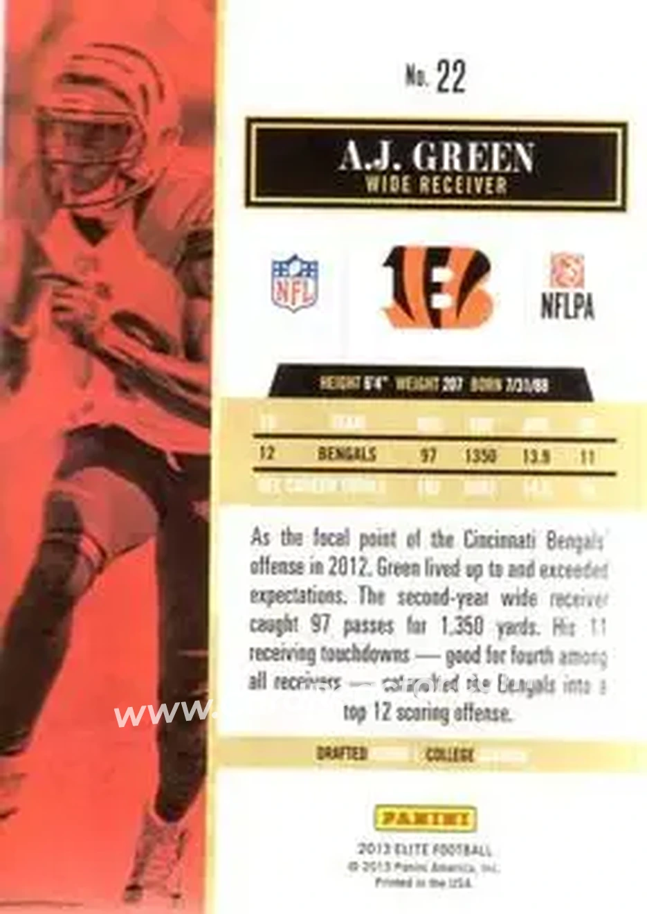 2013 Panini Elite #22 - A.J. Green - Cincinnati Bengals - Back