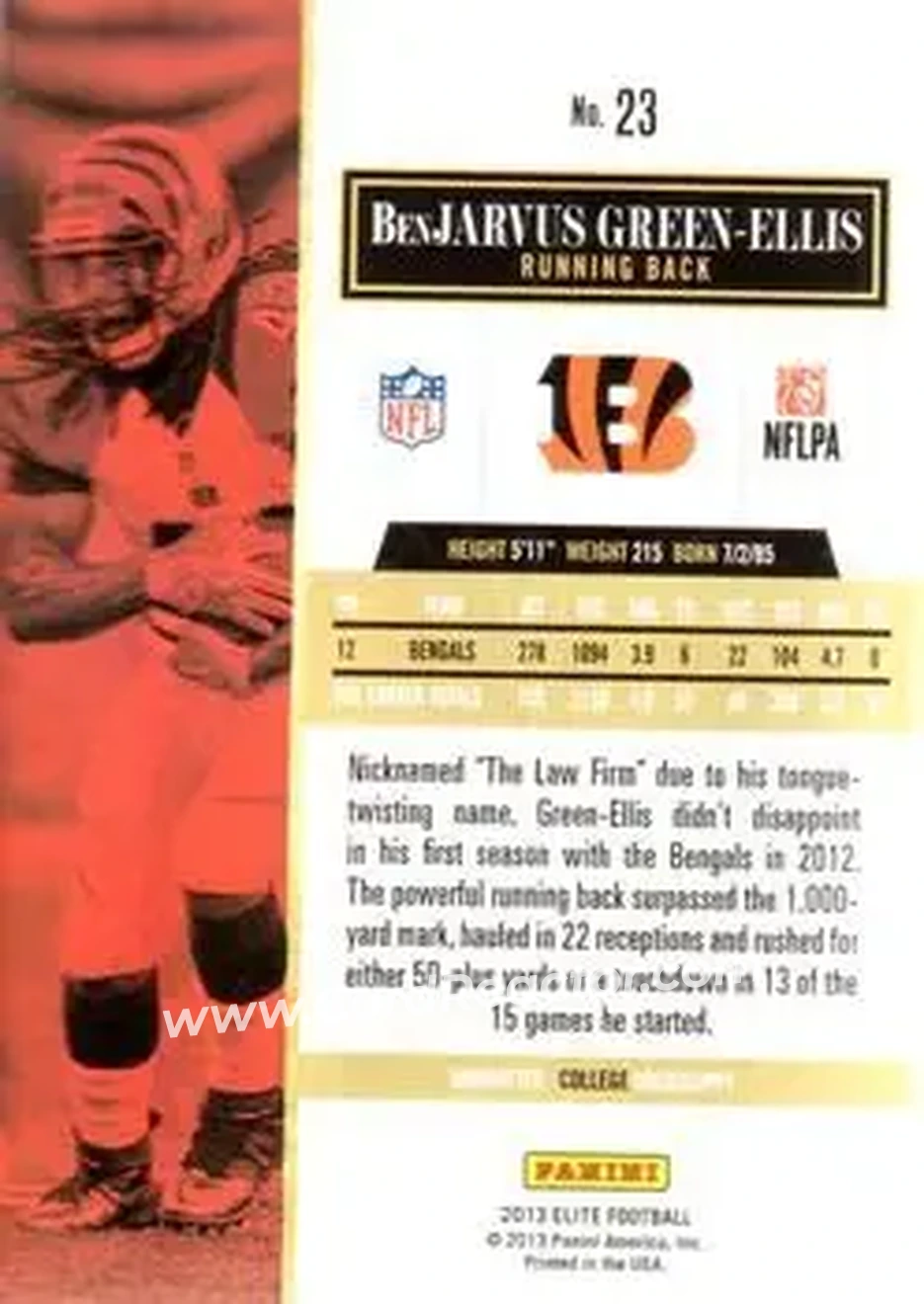 2013 Panini Elite #23 - BenJarvus Green-Ellis - Cincinnati Bengals - Back