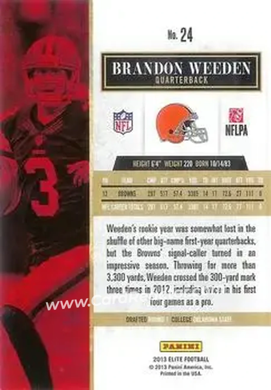 2013 Panini Elite #24 - Brandon Weeden - Cleveland Browns - Back