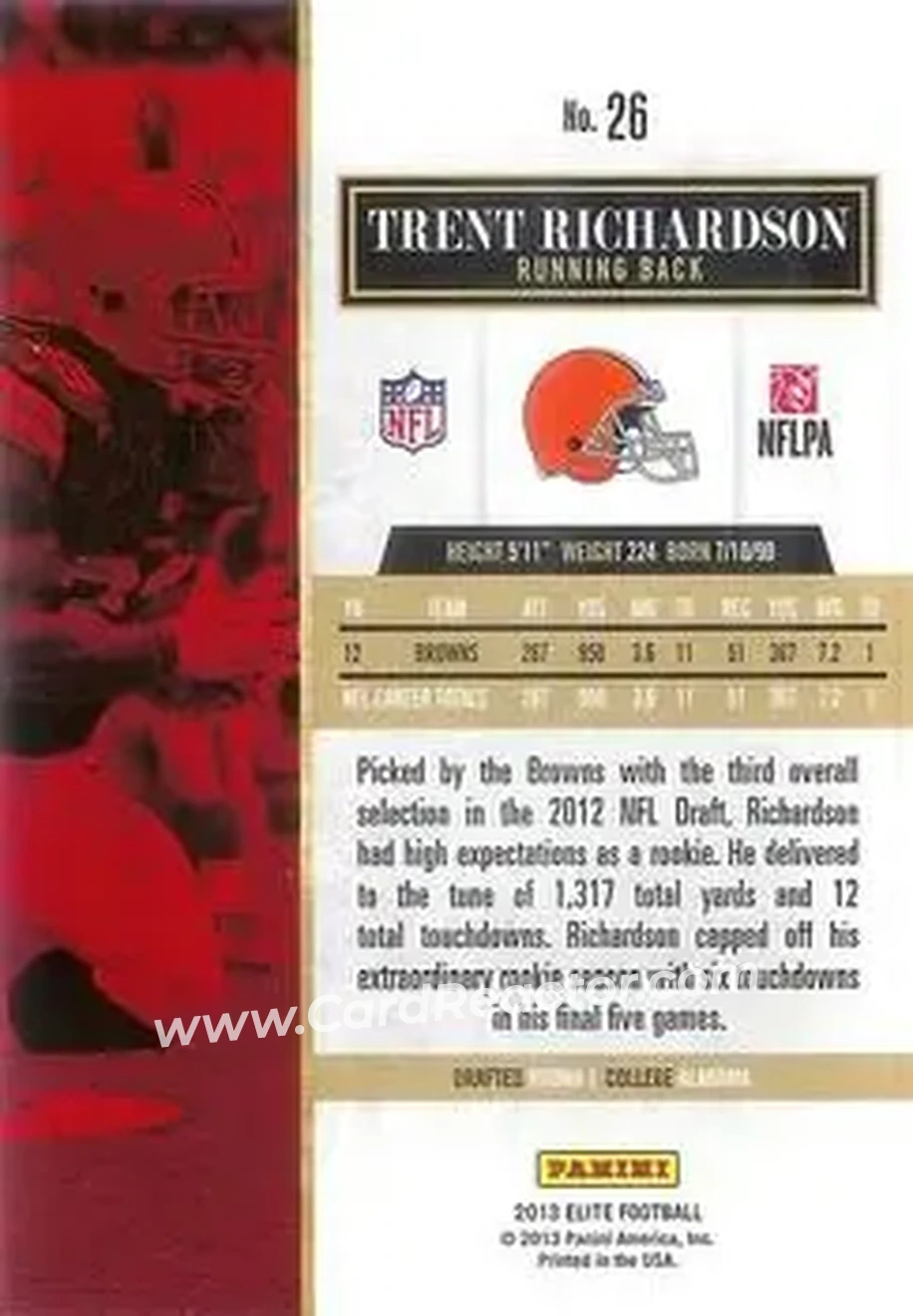 2013 Panini Elite #26 - Trent Richardson - Cleveland Browns - Back