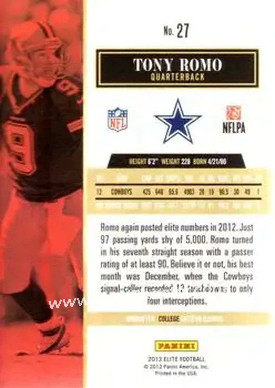 2013 Panini Elite #27 - Tony Romo - Dallas Cowboys - Back