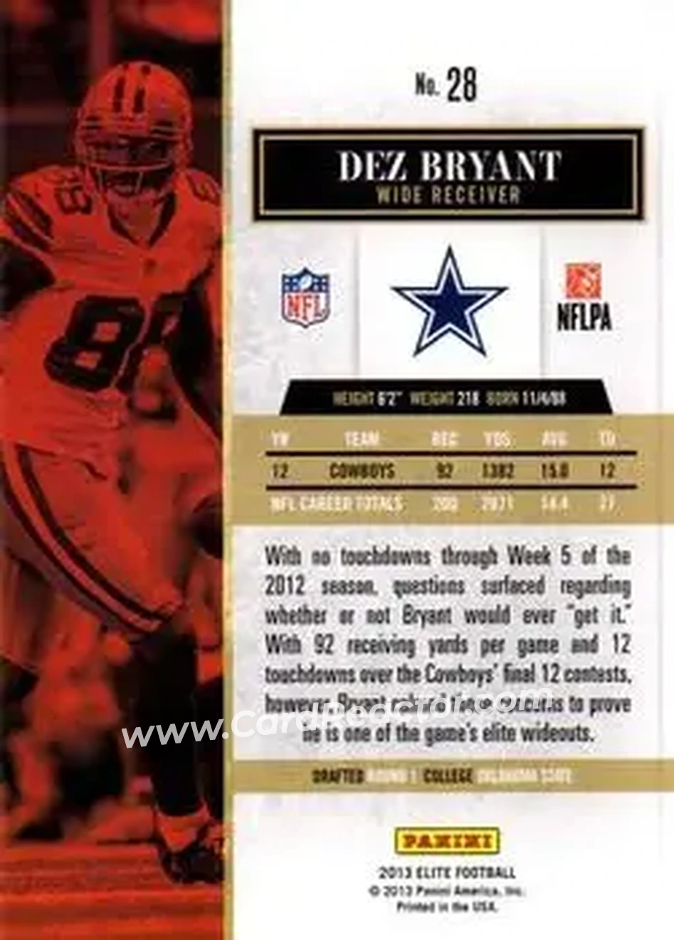2013 Panini Elite #28 - Dez Bryant - Dallas Cowboys - Back