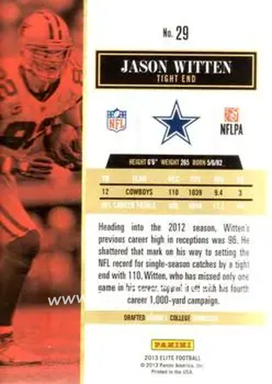 2013 Panini Elite #29 - Jason Witten - Dallas Cowboys - Back