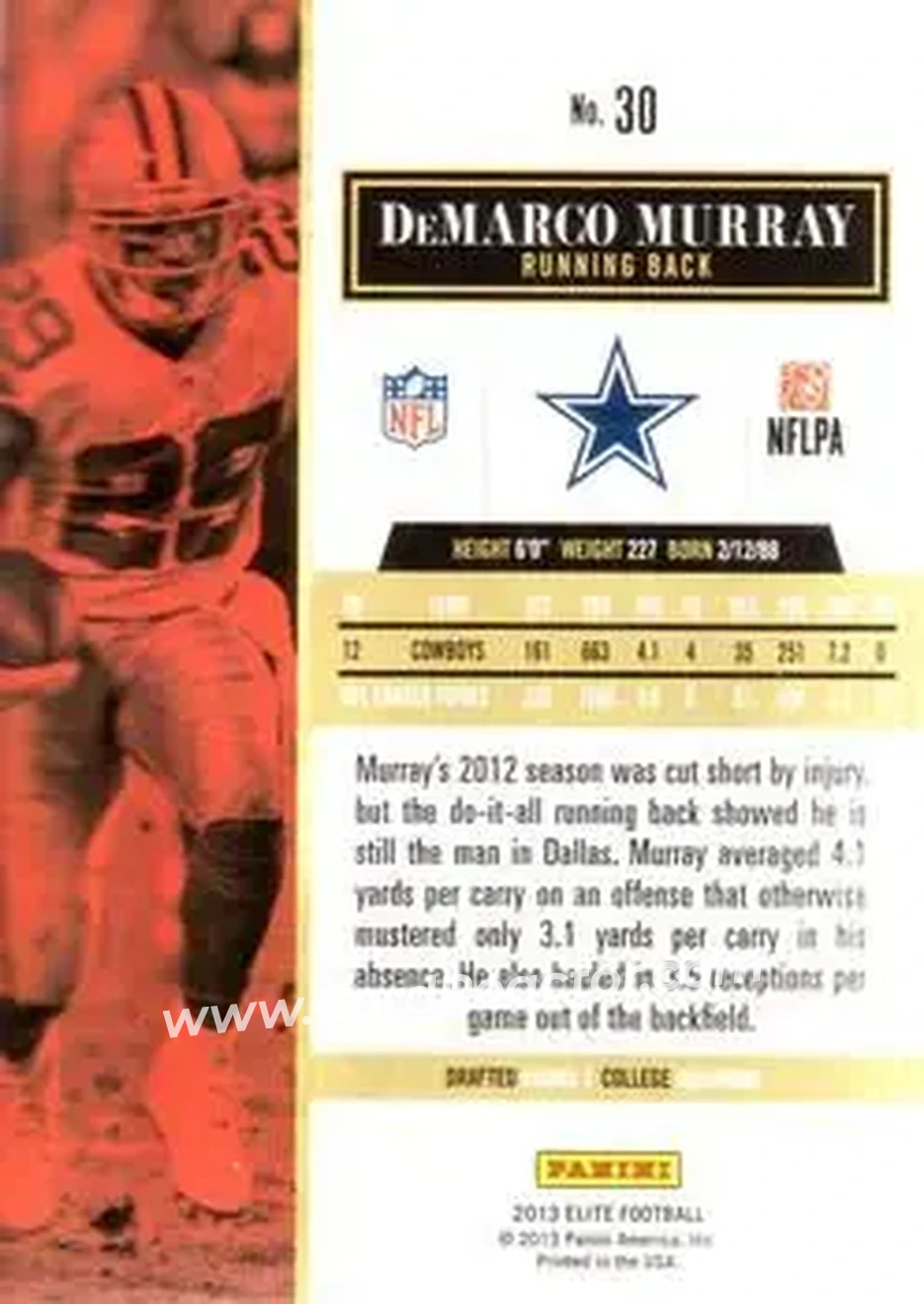 2013 Panini Elite #30 - DeMarco Murray - Dallas Cowboys - Back