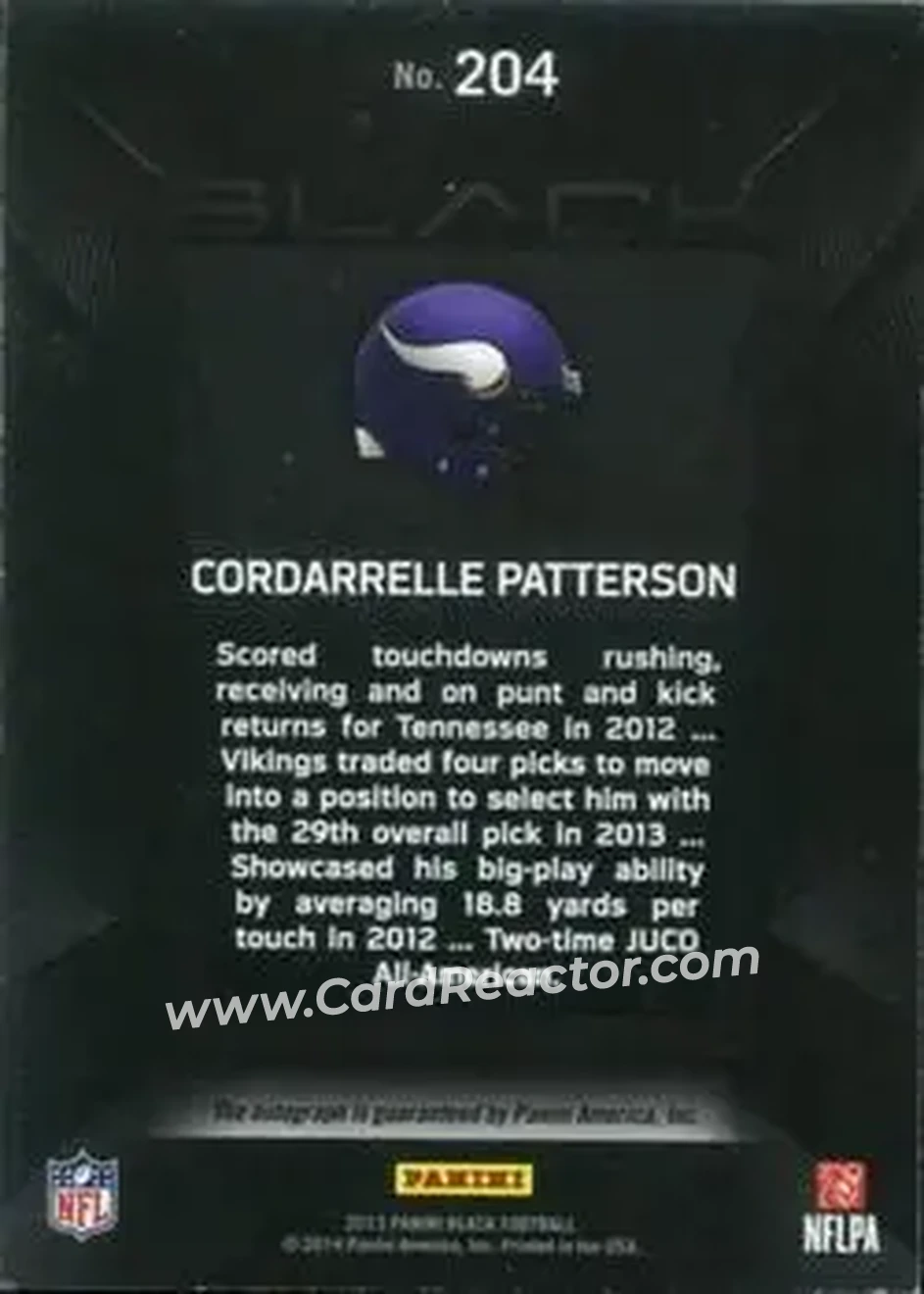 2013 Panini Black #204 - Cordarrelle Patterson - Minnesota Vikings - Back