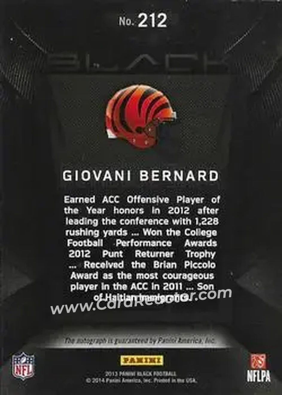 2013 Panini Black #212 - Giovani Bernard - Cincinnati Bengals - Back