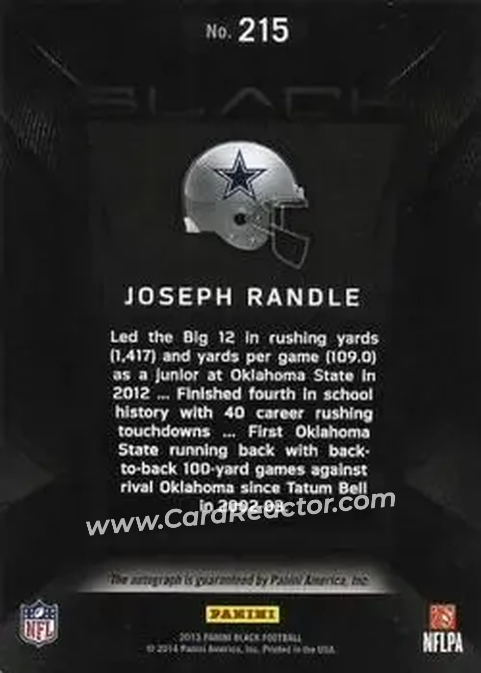 2013 Panini Black #215 - Joseph Randle - Dallas Cowboys - Back 2013 Panini Black #215 - Joseph Randle - Dallas Cowboys - Back