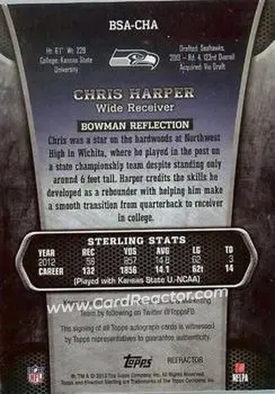 2013 Bowman Sterling - Autographs Gold Refractors #BSA-CHA - Chris Harper - Seattle Seahawks - Back 2013 Bowman Sterling - Autographs Gold Refractors #BSA-CHA - Chris Harper - Seattle Seahawks - Back