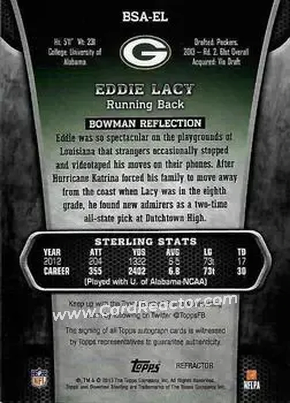2013 Bowman Sterling - Autographs Gold Refractors #BSA-EL - Eddie Lacy - Green Bay Packers - Back 2013 Bowman Sterling - Autographs Gold Refractors #BSA-EL - Eddie Lacy - Green Bay Packers - Back