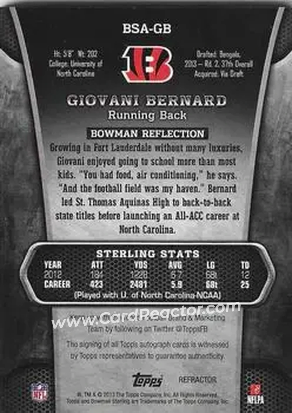 2013 Bowman Sterling - Autographs Gold Refractors #BSA-GB - Giovani Bernard - Cincinnati Bengals - Back 2013 Bowman Sterling - Autographs Gold Refractors #BSA-GB - Giovani Bernard - Cincinnati Bengals - Back