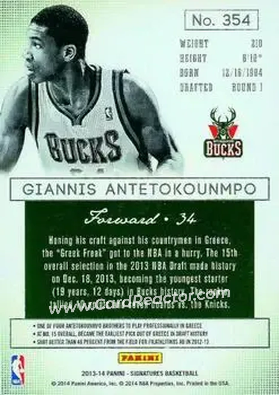 2013-14 Panini Signatures - Green #354 - Giannis Antetokounmpo - Milwaukee Bucks - Back